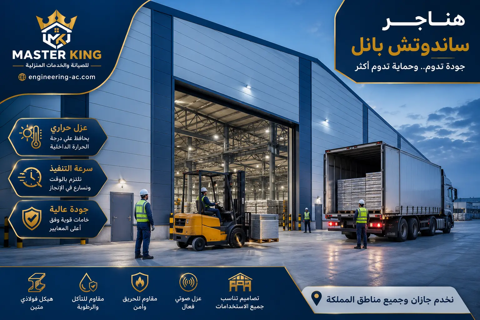 هناجر ساندوتش بانل في جازان | تصميم وتنفيذ مستودعات وهياكل معدنية حديثة